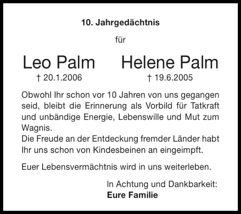  Traueranzeige für Leo Palm Helene Palm vom 24.01.2016 aus Super Sonntag / Super Mittwoch