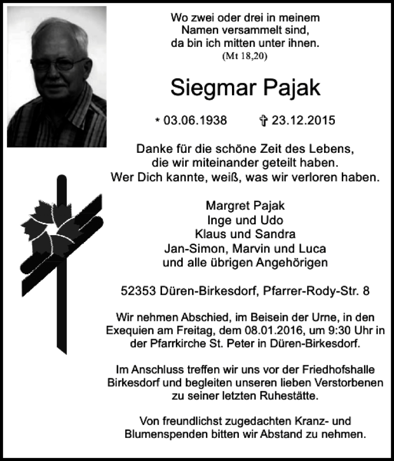  Traueranzeige für Siegmar Pajak vom 03.01.2016 aus Super Sonntag / Super Mittwoch