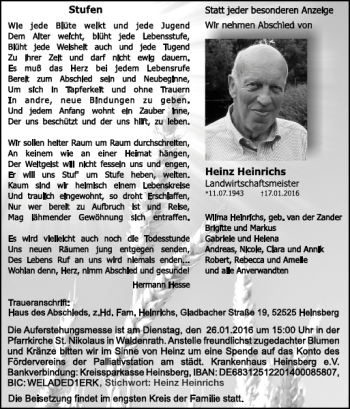 Traueranzeige von Stichwort Heinz Heinrichs von Super Sonntag / Super Mittwoch