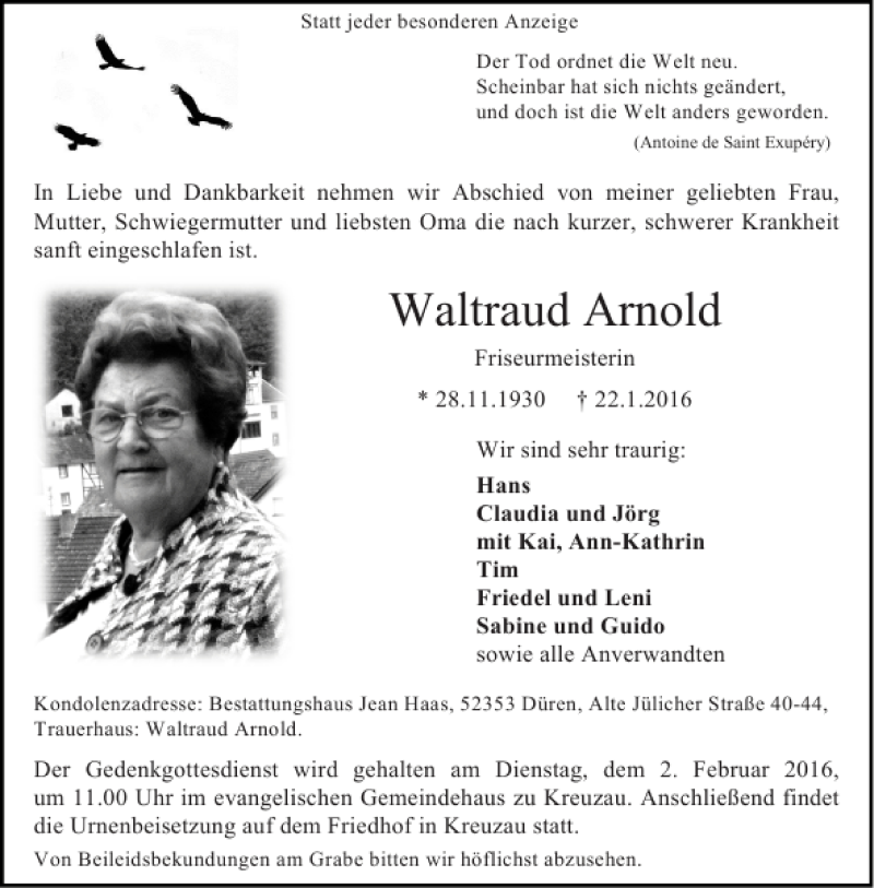  Traueranzeige für Waltraud Arnold vom 30.01.2016 aus Aachener Zeitung / Aachener Nachrichten