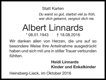 Traueranzeigen von Albert Linnards Aachen gedenkt