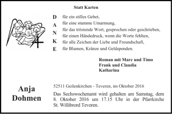 Traueranzeige von Anja Dohmen von Super Sonntag / Super Mittwoch