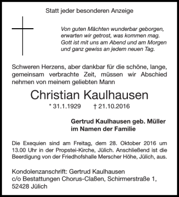 Traueranzeige von Christian Kaulhausen von Aachener Zeitung / Aachener Nachrichten