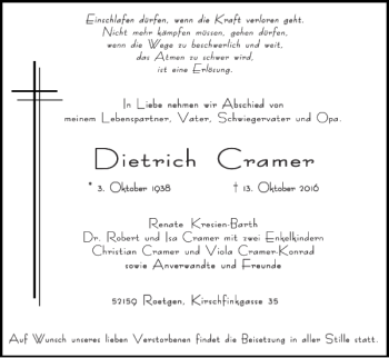 Traueranzeige von Dietrich Cramer Dietrich Cramer von Super Sonntag / Super Mittwoch