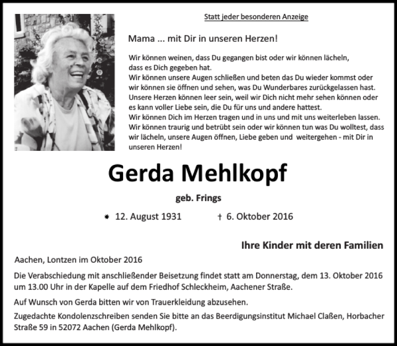  Traueranzeige für Gerda Mehlkopf vom 11.10.2016 aus Aachener Zeitung / Aachener Nachrichten