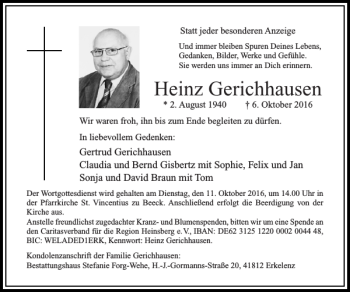 Traueranzeige von Heinz Gerichhausen von Super Sonntag / Super Mittwoch