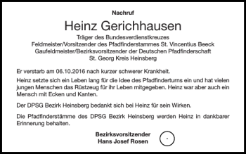 Traueranzeige von Heinz Gerichhausen von Super Sonntag / Super Mittwoch