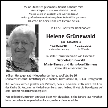 Traueranzeige von Helene Grünewald von Super Sonntag / Super Mittwoch