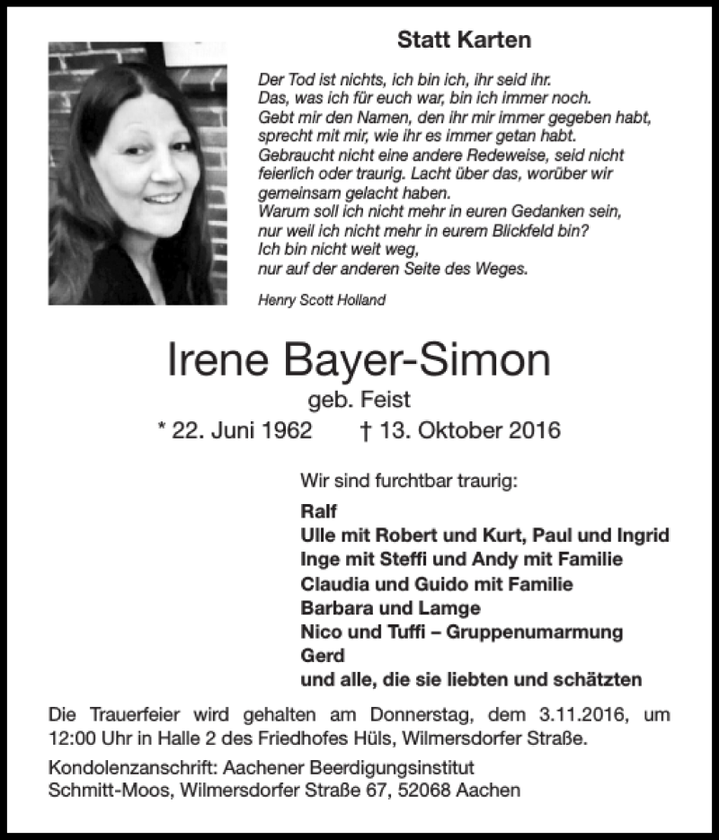  Traueranzeige für Irene Bayer-Simon vom 30.10.2016 aus Super Sonntag / Super Mittwoch