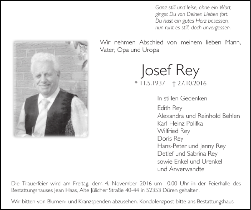  Traueranzeige für Josef Rey vom 30.10.2016 aus Super Sonntag / Super Mittwoch