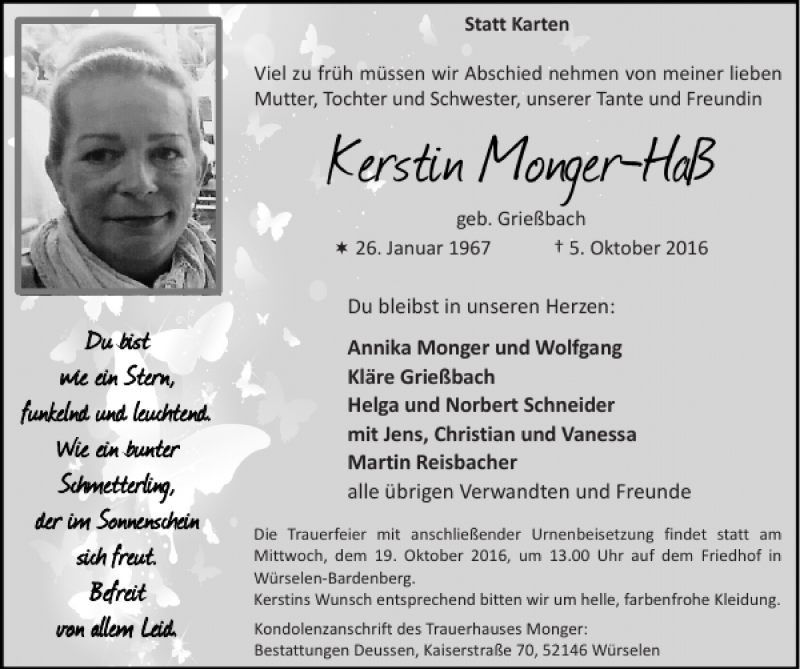  Traueranzeige für Kerstin Monger-Haß vom 16.10.2016 aus Super Sonntag / Super Mittwoch