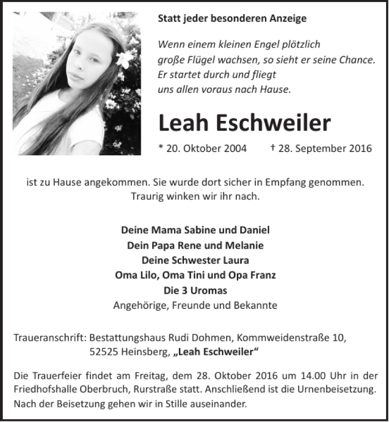  Traueranzeige für Leah Eschweiler vom 23.10.2016 aus Super Sonntag / Super Mittwoch