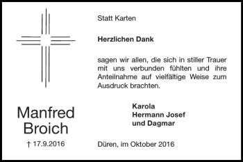 Traueranzeige von Manfred Broich von Super Sonntag / Super Mittwoch
