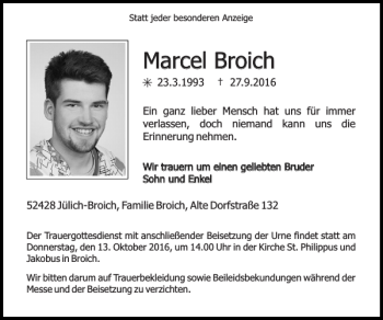 Traueranzeige von Marcel Broich von Super Sonntag / Super Mittwoch