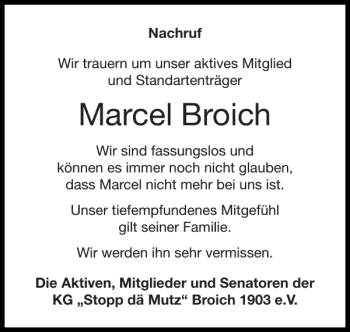 Traueranzeige von Marcel Broich von Super Sonntag / Super Mittwoch