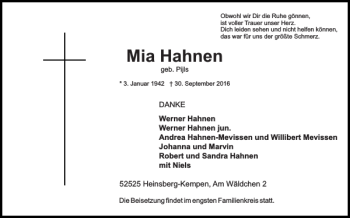 Traueranzeige von Mia Hahnen von Super Sonntag / Super Mittwoch