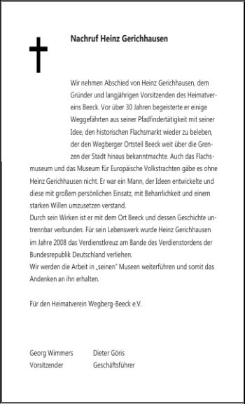 Traueranzeige von Nachruf Heinz Gerichhausen von Aachener Zeitung / Aachener Nachrichten