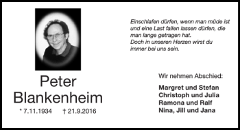 Traueranzeige von Peter Blankenheim von Super Sonntag / Super Mittwoch