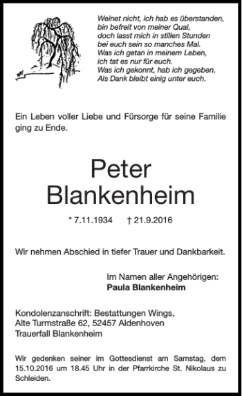 Traueranzeige von Peter Blankenheim von Super Sonntag / Super Mittwoch