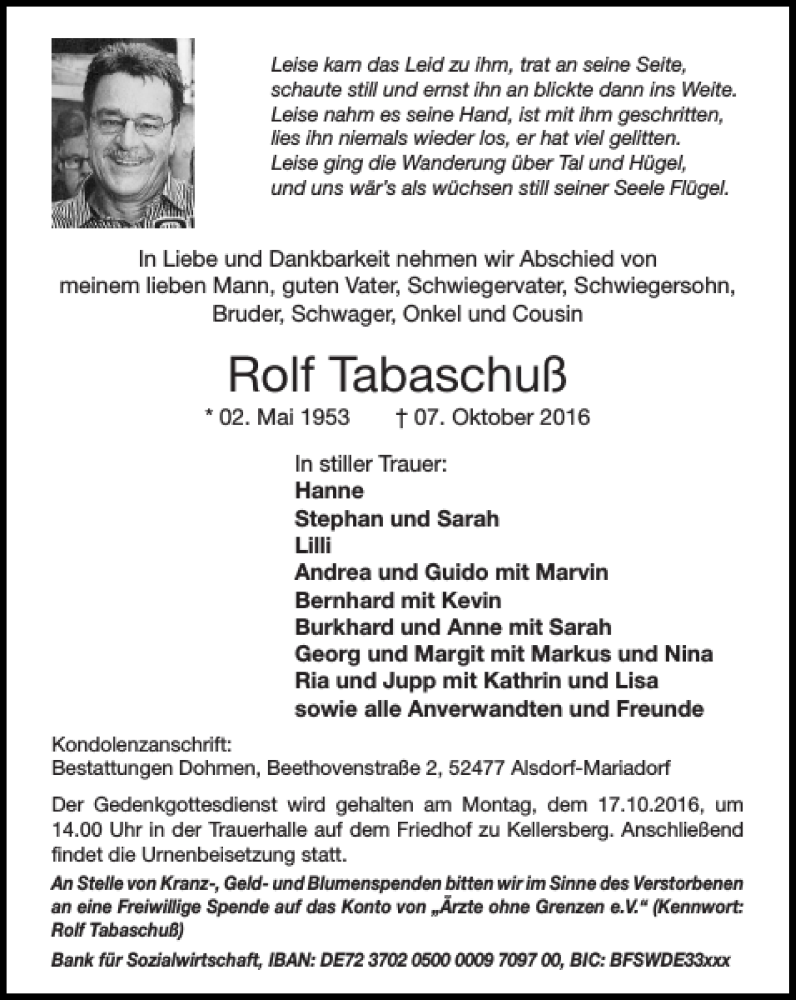  Traueranzeige für Rolf Tabaschuß vom 16.10.2016 aus Super Sonntag / Super Mittwoch