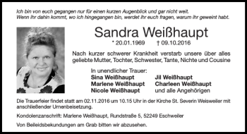 Traueranzeige von Sandra Weißhaupt von Super Sonntag / Super Mittwoch