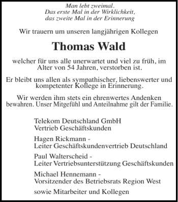 Traueranzeige von Thomas Wald von Super Sonntag / Super Mittwoch