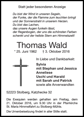 Traueranzeige von Thomas Wald von Super Sonntag / Super Mittwoch