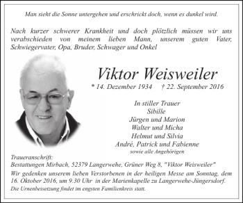 Traueranzeige von Viktor Weisweiler von Super Sonntag / Super Mittwoch