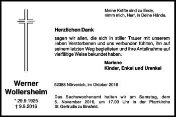 Traueranzeige von Werner Wollersheim von Super Sonntag / Super Mittwoch