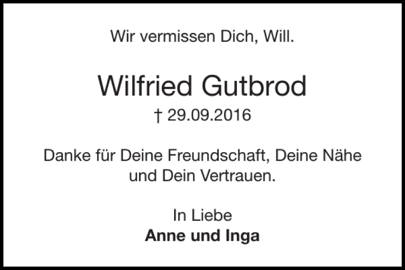  Traueranzeige für Wilfried Gutbrod vom 09.10.2016 aus Super Sonntag / Super Mittwoch