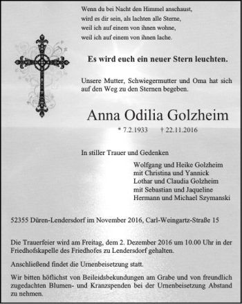 Traueranzeige von Anna Odilia Golzheim von Super Sonntag / Super Mittwoch
