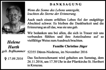 Traueranzeige von Helene Hurth von Super Sonntag / Super Mittwoch