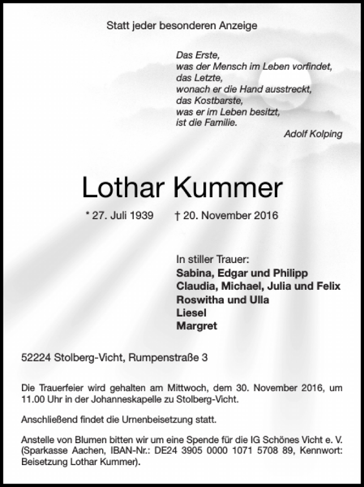  Traueranzeige für Lothar Kummer vom 27.11.2016 aus Super Sonntag / Super Mittwoch