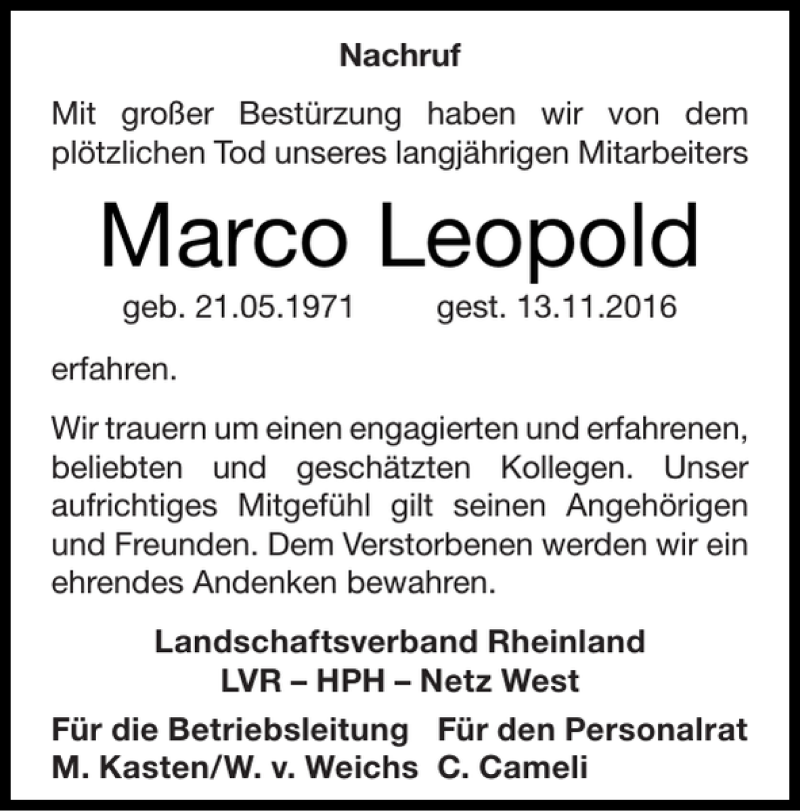  Traueranzeige für Marco Leopold vom 20.11.2016 aus Super Sonntag / Super Mittwoch