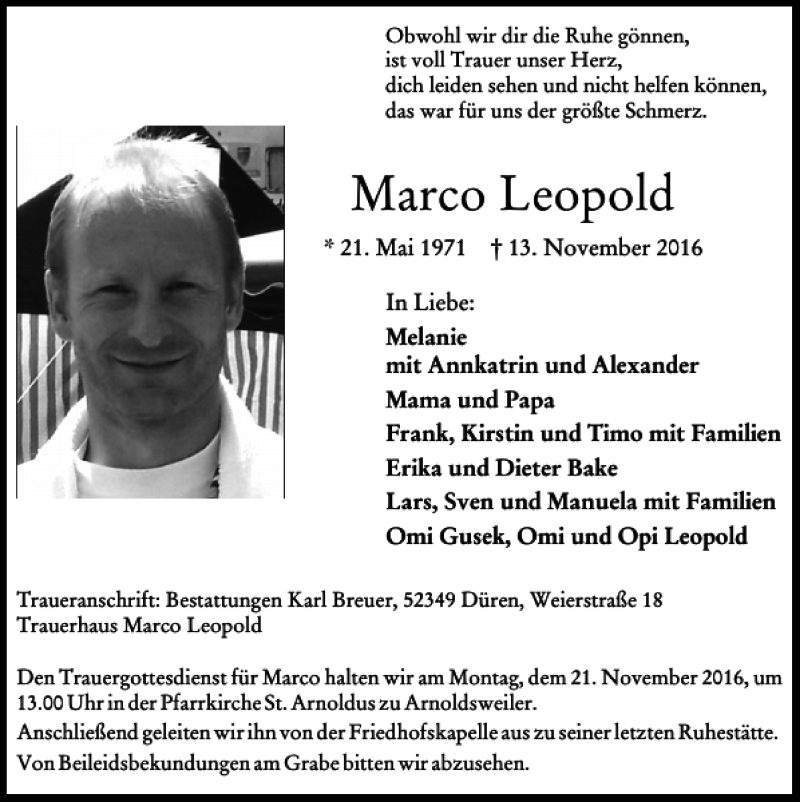  Traueranzeige für Marco Leopold vom 20.11.2016 aus Super Sonntag / Super Mittwoch