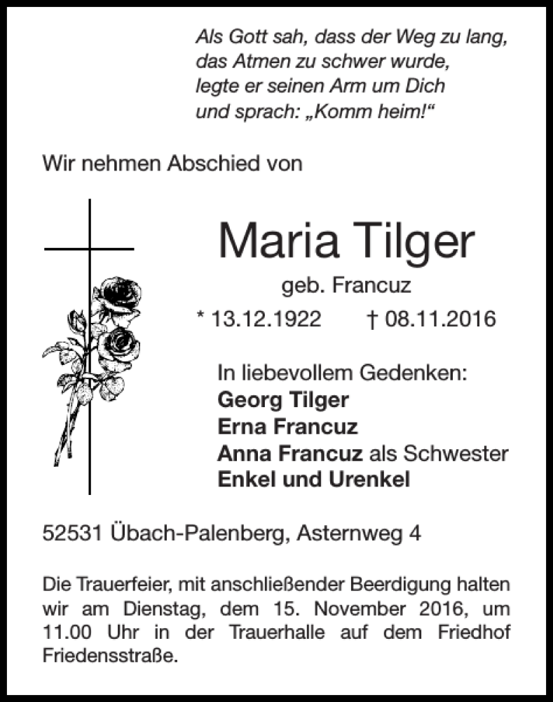  Traueranzeige für Maria Tilger vom 13.11.2016 aus Super Sonntag / Super Mittwoch