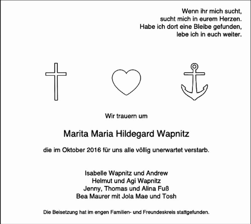  Traueranzeige für Marita Maria Hildegard Wapnitz vom 19.11.2016 aus Aachener Zeitung / Aachener Nachrichten