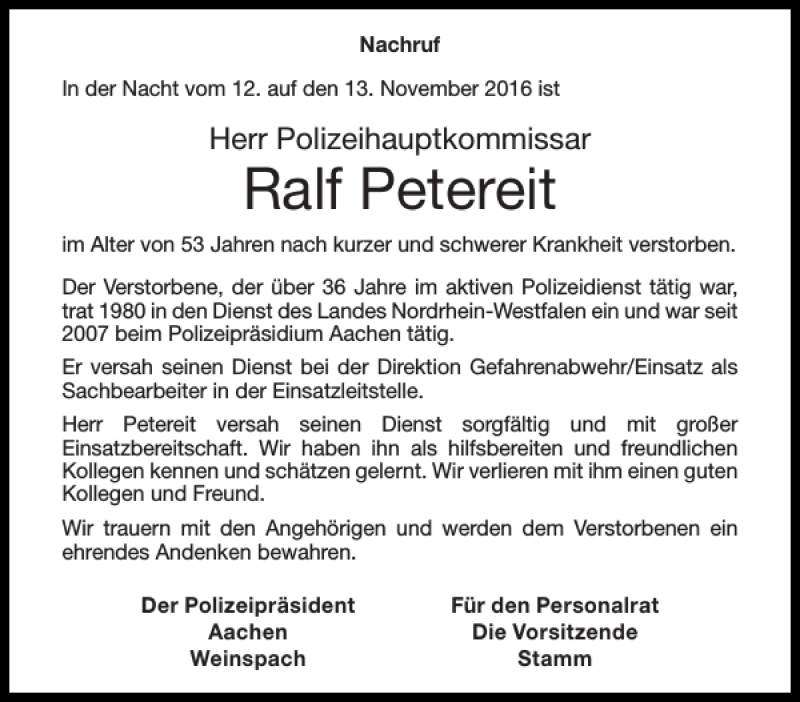  Traueranzeige für Ralf Petereit vom 26.11.2016 aus Aachener Zeitung / Aachener Nachrichten