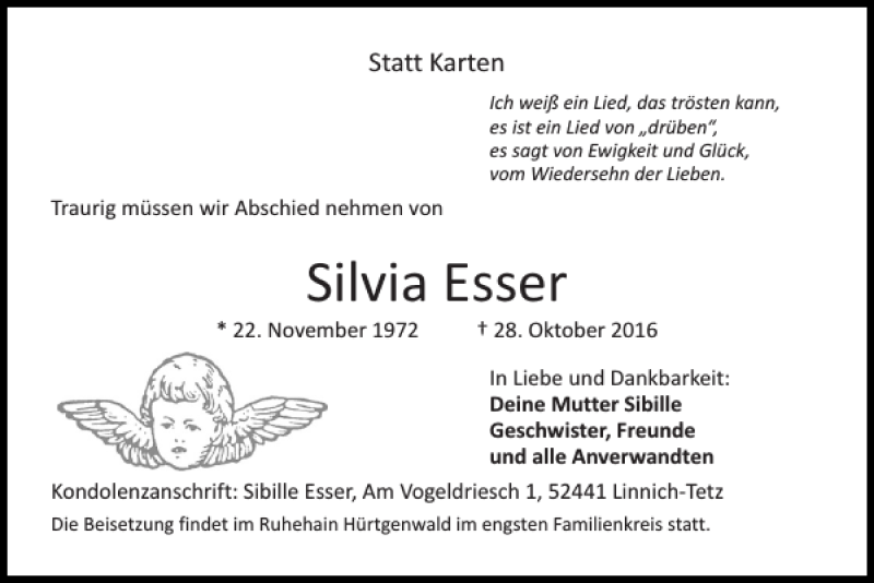  Traueranzeige für Silvia Esser vom 20.11.2016 aus Super Sonntag / Super Mittwoch