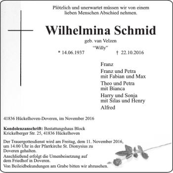 Traueranzeige von Wilhelmina Schmid von Super Sonntag / Super Mittwoch