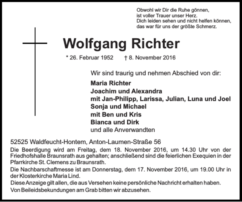  Traueranzeige für Wolfgang Richter vom 13.11.2016 aus Super Sonntag / Super Mittwoch
