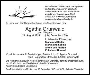 Traueranzeige von Agatha Grunwald von Super Sonntag / Super Mittwoch