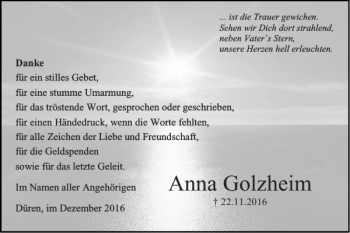 Traueranzeige von Anna Golzheim von Super Sonntag / Super Mittwoch