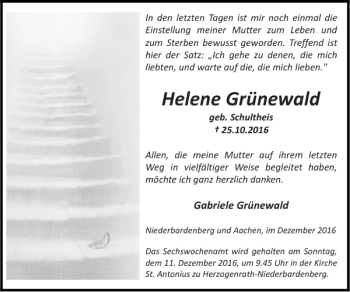 Traueranzeige von Helene Grünewald von Super Sonntag / Super Mittwoch