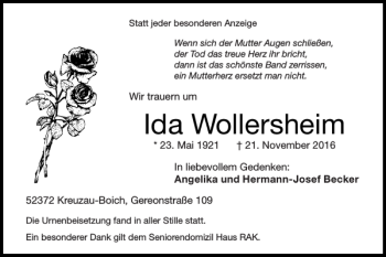 Traueranzeige von Ida Wollersheim von Super Sonntag / Super Mittwoch