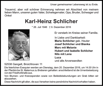 Traueranzeige von Karl-Heinz Schlicher von Super Sonntag / Super Mittwoch