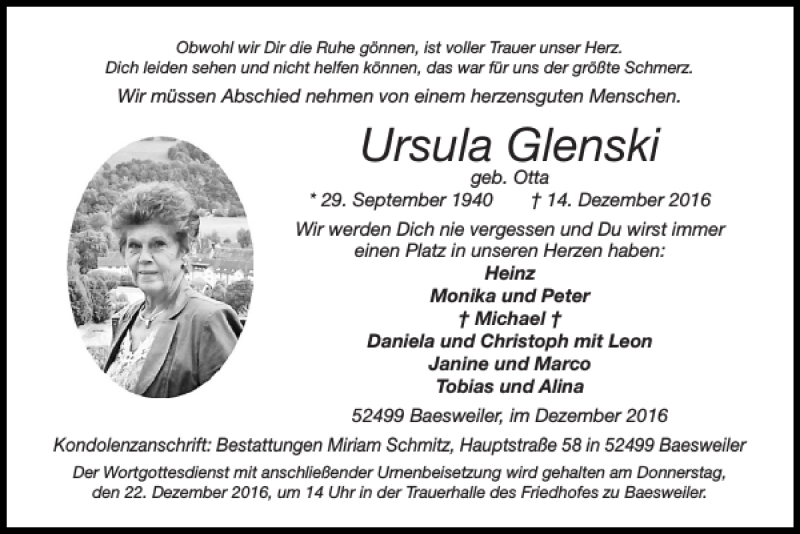  Traueranzeige für Ursula Glenski vom 18.12.2016 aus Super Sonntag / Super Mittwoch