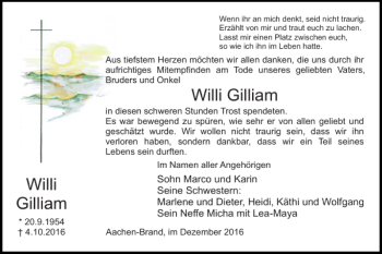 Traueranzeige von Willi Gilliam Willi Gilliam von Super Sonntag / Super Mittwoch