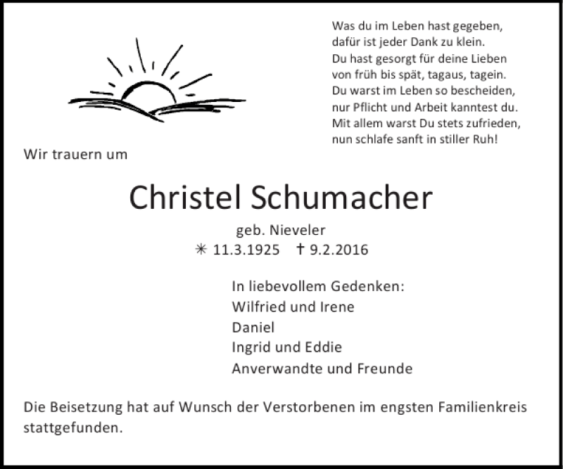 Traueranzeigen von Christel Schumacher | Aachen gedenkt