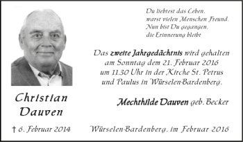 Traueranzeige von Christian Christian Dauven Dauven von Super Sonntag / Super Mittwoch